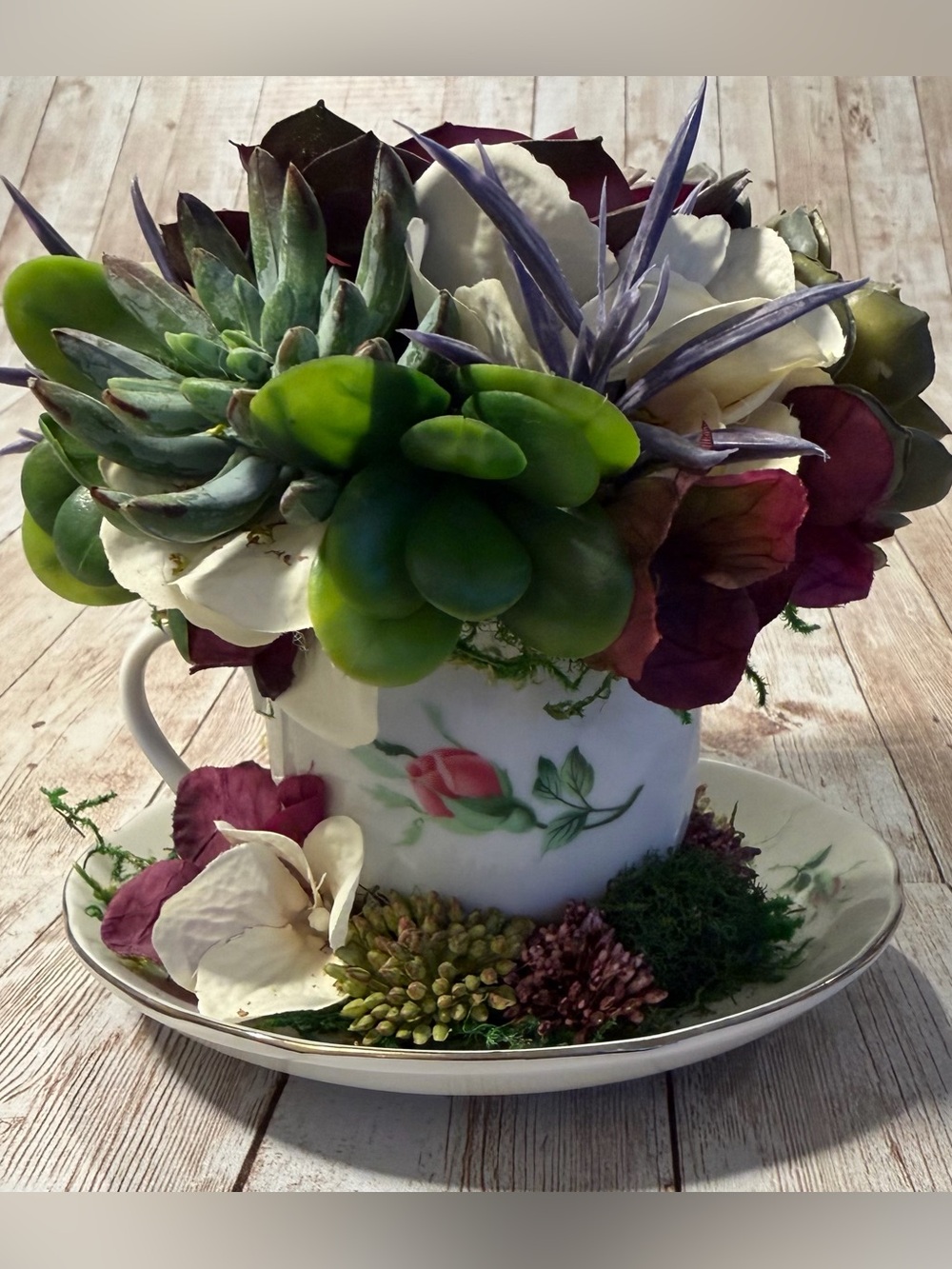 Decorative Teacup Faux Succulent Arrangement - Green & Purple